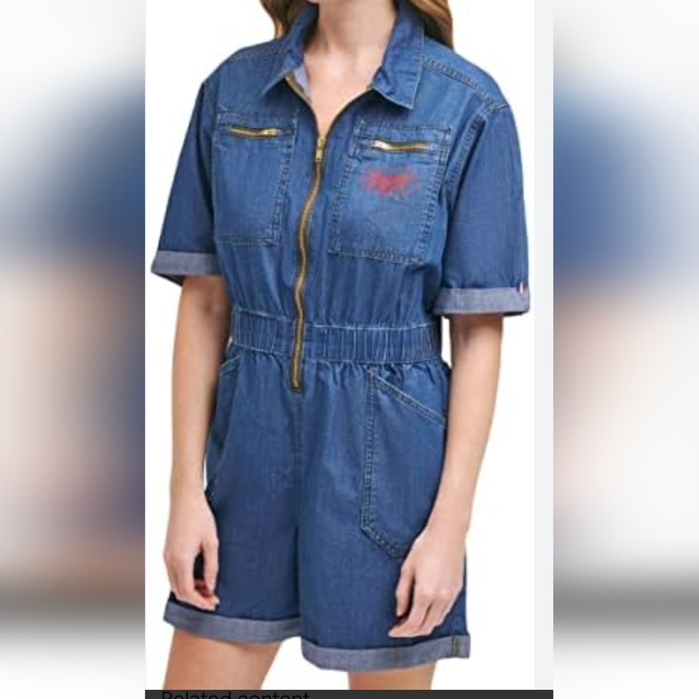 Tommy Jeans Y2K Denim Romper Womens S/P Blue Jean Shorts Jumper Vintage 90's .